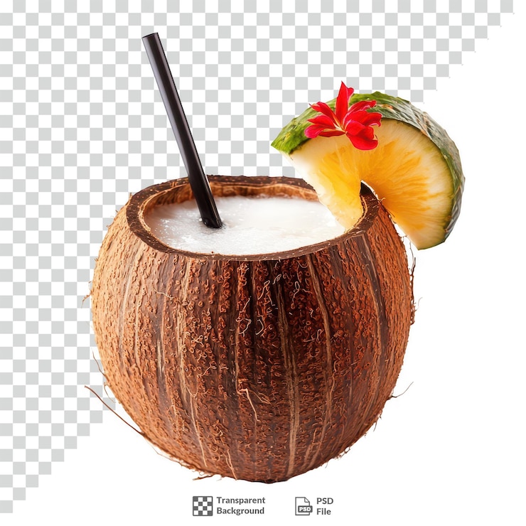PSD un cóctel tropical en una cáscara de coco con fondo transparente