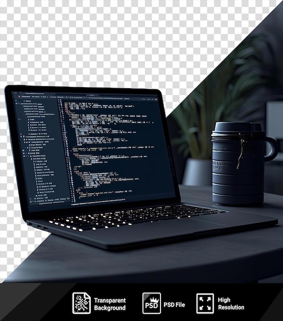 PSD codificación de programador de computadora 3d único en una computadora portátil con un teclado negro y una planta verde en el fondo png psd