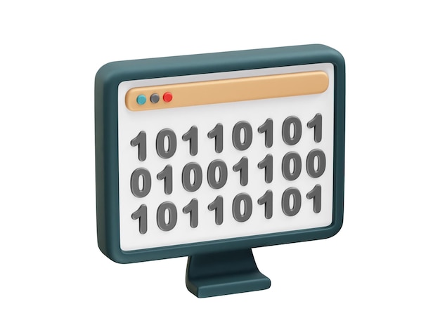 Código binario digital mostrado en un icono de pantalla de computadora Ilustración 3D