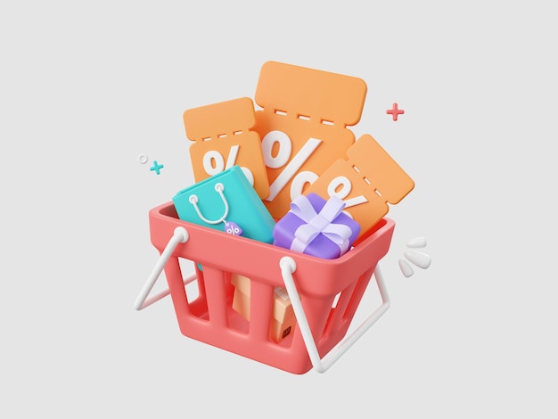 Código de descuento con caja de paquete de bolsa de compras y caja de regalo en cesta de compras