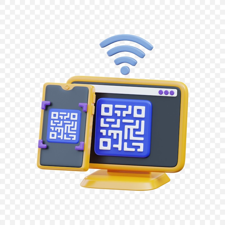 PSD código qr 3d y teléfono inteligente con icono de monitor para escaneo de pagos digitales y conectividad inalámbrica