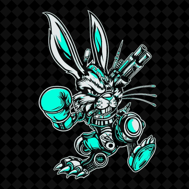 PSD coelho cibernético com orelhas de metal e um chute poderoso vestindo mascote animal