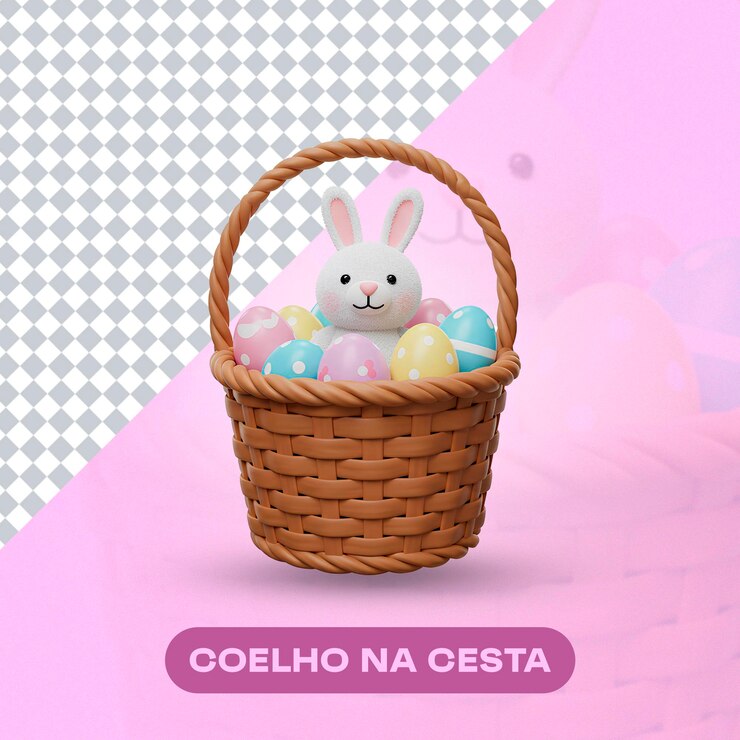 PSD coelho da páscoa num cesto com ovos coloridos