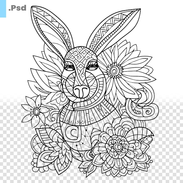 Coelho de páscoa com flores ilustração vetorial para livro de colorir para adultos modelo psd