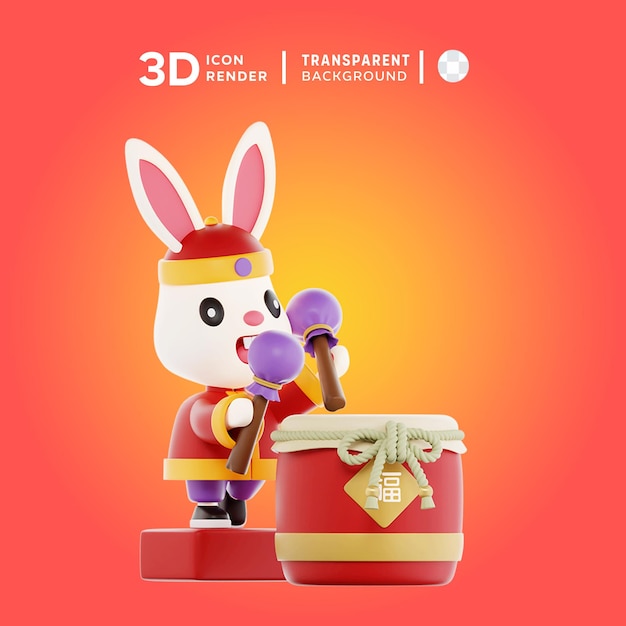 PSD coelho tocando bateria renderização de ilustração 3d