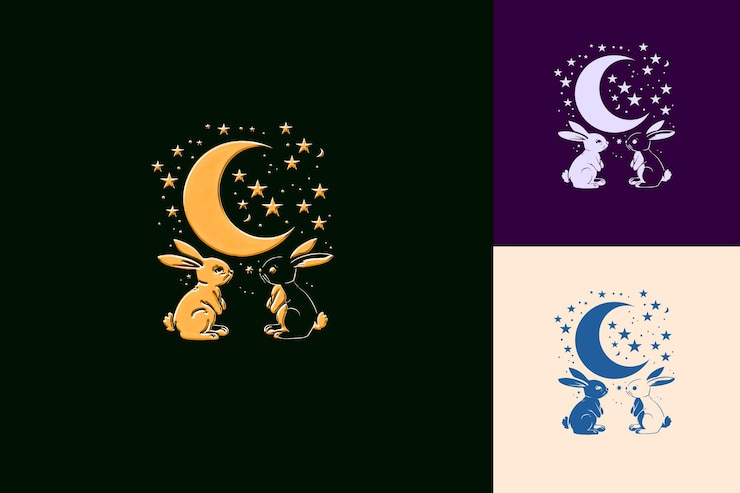 PSD coelhos bonitos olhando para a lua com design de emblema coelhos olhando para desenhos de ícones lunares inspirados em png
