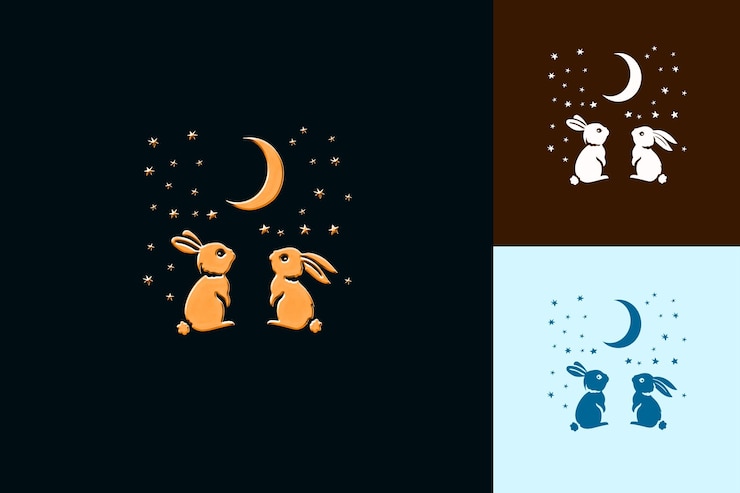 PSD coelhos bonitos olhando para a lua com design de emblema coelhos olhando para desenhos de ícones lunares inspirados em png