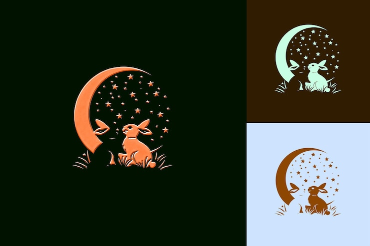 PSD coelhos bonitos olhando para a lua com design de emblema coelhos olhando para desenhos de ícones lunares inspirados em png