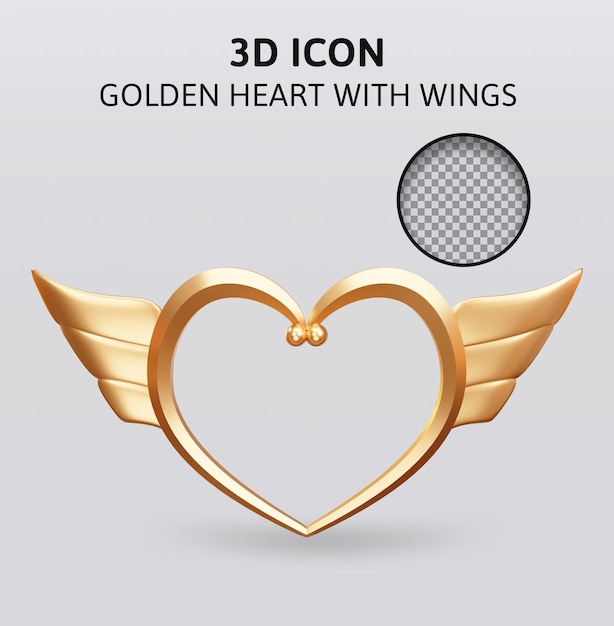 coeur d'or avec des ailes cadre rendu 3d illustration