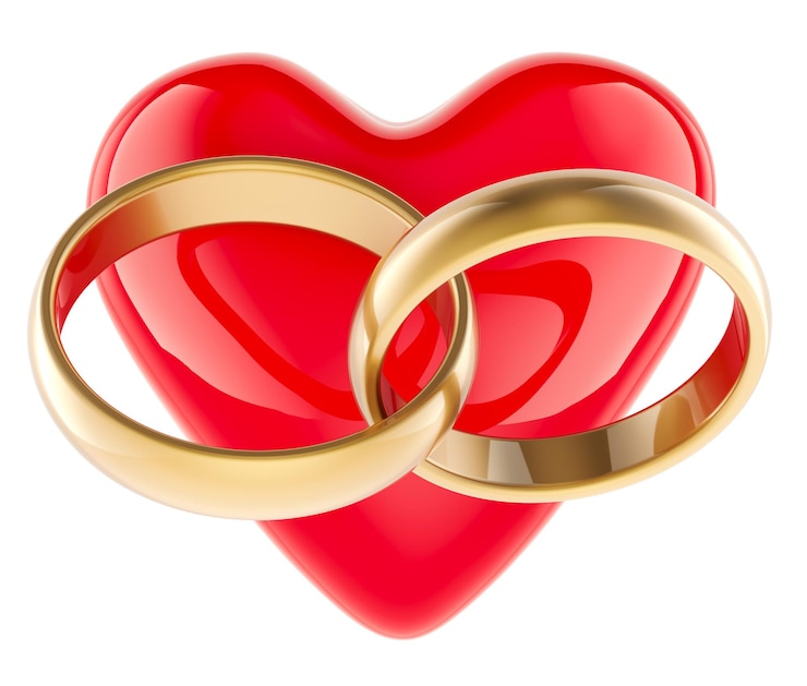 PSD cœur rouge avec bague de mariage dorée son et la sienne jeu d'appariement rendu 3d isolé sur fond transparent