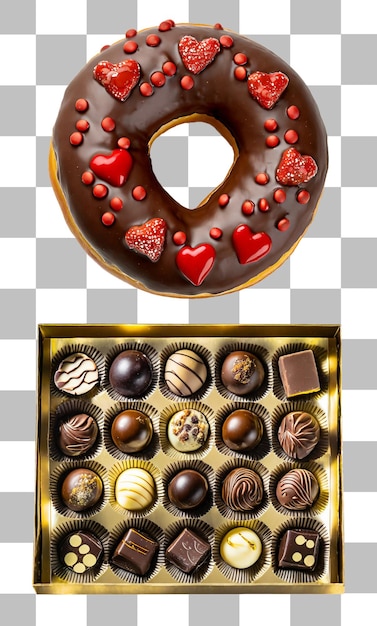 PSD coeur sprinkles donut glacé au chocolat avec une boîte de truffes au chocolat sur fond transparent
