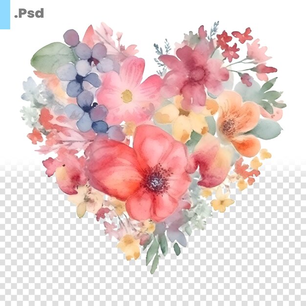 PSD coeur vectoriel d'aquarelle avec des anémones et des fleurs sauvages modèle psd