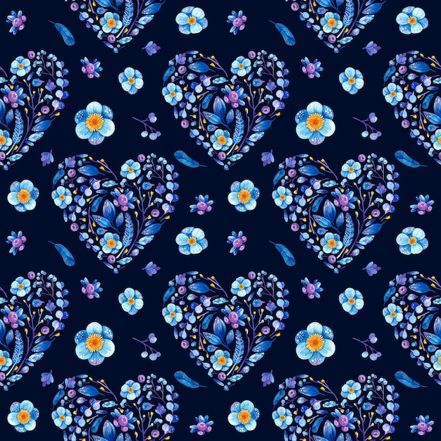 Cœurs floraux bleus motif sans couture bourgeons et pétales de fleurs fond romantique