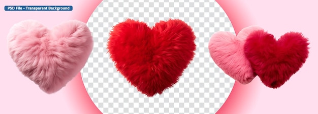 PSD des cœurs de peluche roses et rouges accompagnés d'un oreiller doux et moelleux en forme de cœur