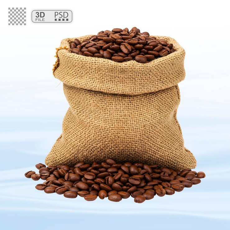 PSD coffee beans in a burlap sack