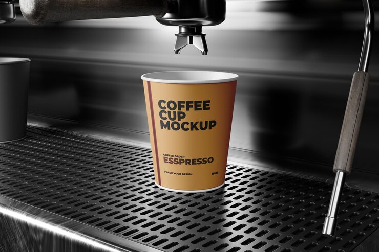 PSD coffee cup mockup on espresso machine
