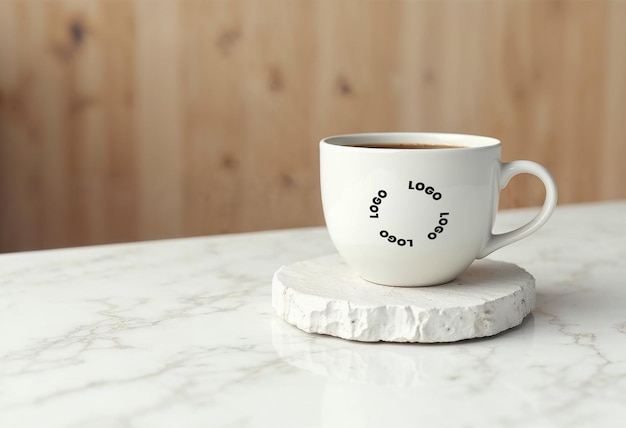 Coffee cup with a logo on a white ceramic mug on a marble table