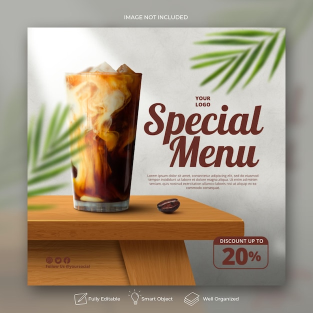 Coffee shop drink menu promozione social media Instagram post banner template