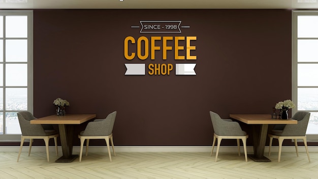 PSD coffee shop wandschild logo mockup im café oder restaurant tagungsraum