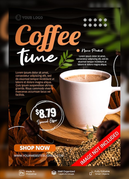 PSD coffee time meilleur menu de café en ville pour le modèle de bannière d'affiche de restaurant de café de promotion