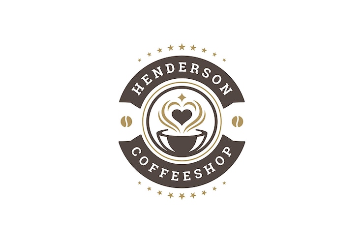 PSD coffeeshop premium modello di logo vintage design nastro circolare con forma di cuore di tazza di caffè