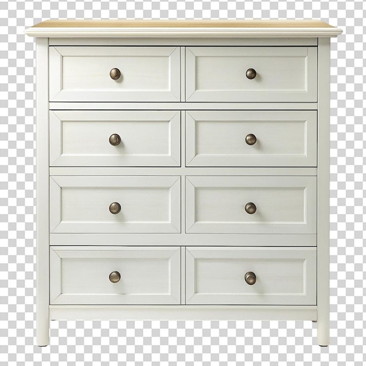PSD coffre à commodes en bois blanc vu de l'avant isolé sur un fond transparent