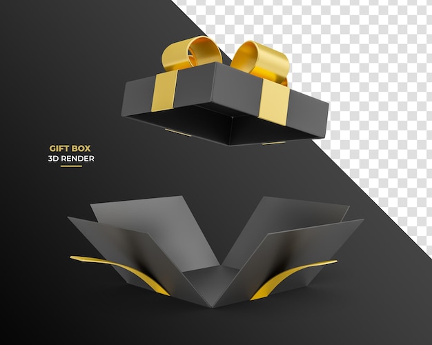 PSD coffret cadeau noir avec de l'or dans un rendu 3d ouvert avec un fond transparent dans différentes perspectives