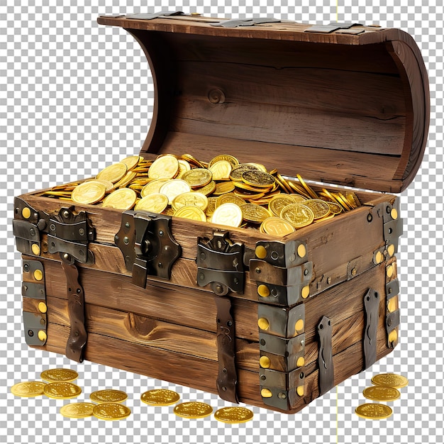 Cofre del tesoro dorado lleno de monedas de oro sobre fondo blanco