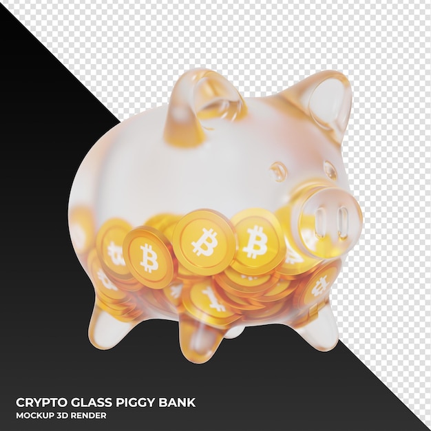 Cofrinho bitcoin btc glass com ilustração 3d de moedas criptográficas