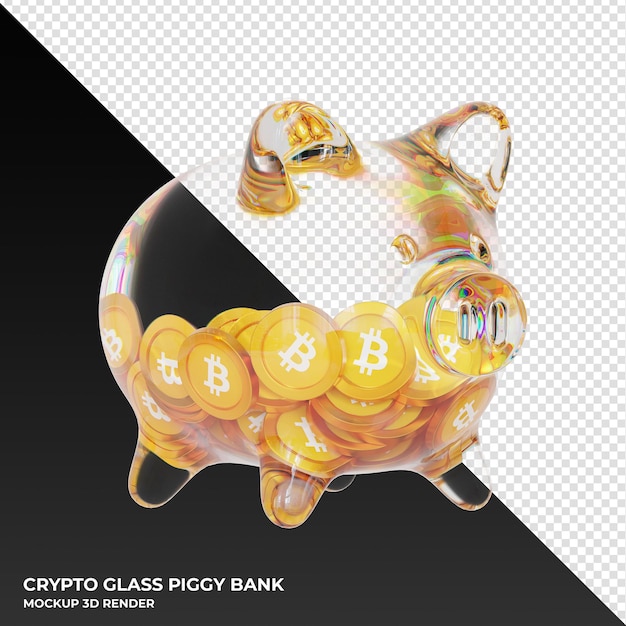 Cofrinho bitcoin btc glass com ilustração 3d de moedas criptográficas