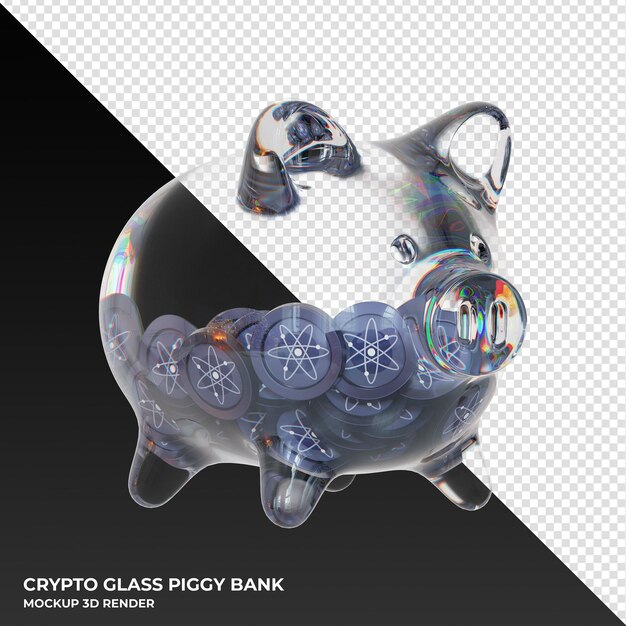 Cofrinho cosmos atom glass com ilustração 3d de moedas criptográficas