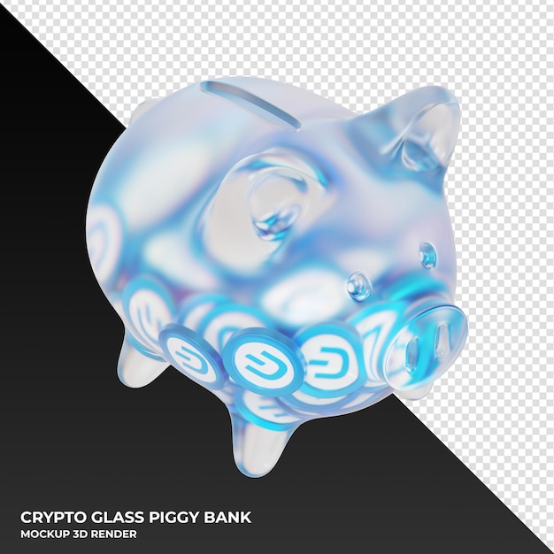 Cofrinho de vidro dash dash com ilustração 3d de moedas criptográficas