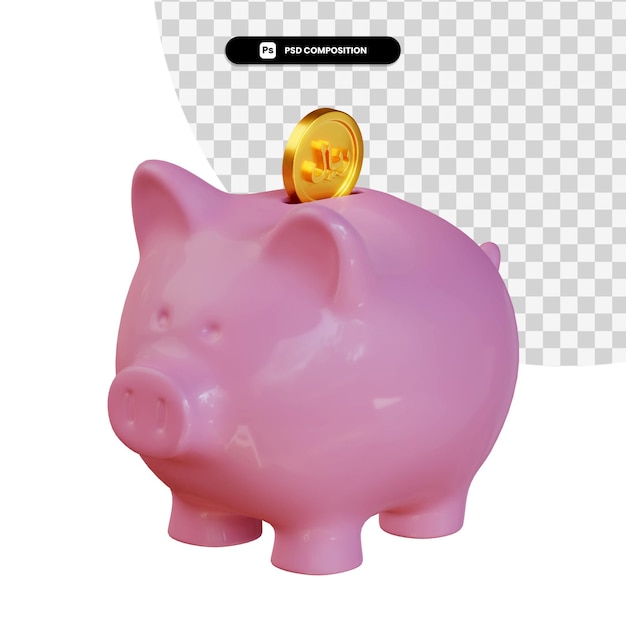 Cofrinho rosa com renderização 3d de moeda de rial isolado