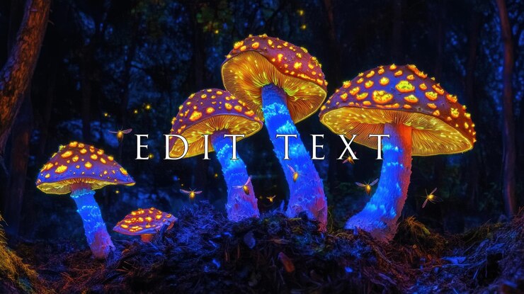 PSD cogumelos brilhantes e vaga-lumes numa floresta escura à noite.