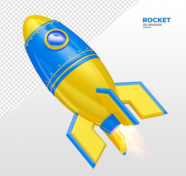 Cohete en 3d render azul y amarillo de dibujos animados para la composición del diseño