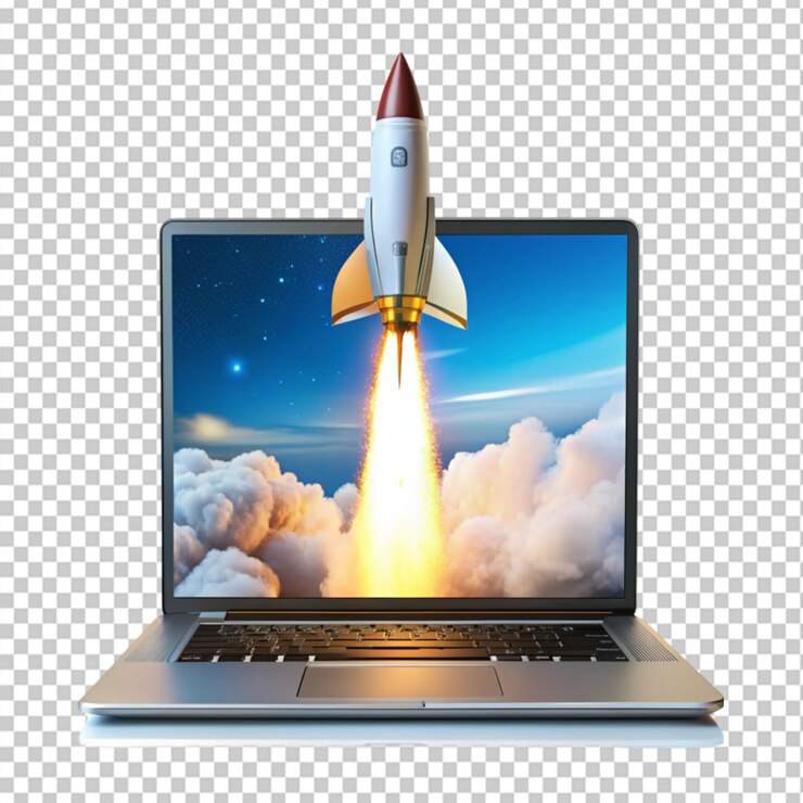 PSD un cohete disparando desde una pantalla de portátil en un fondo transparente
