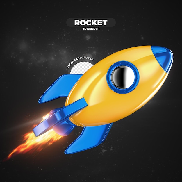 Cohete espacial azul y amarillo volando 3d render aislado