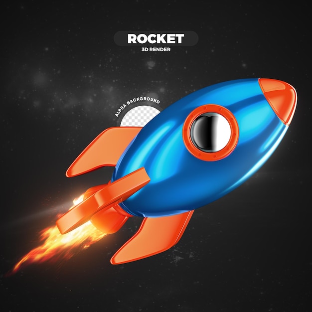 Cohete espacial naranja y azul volando 3D Render aislado