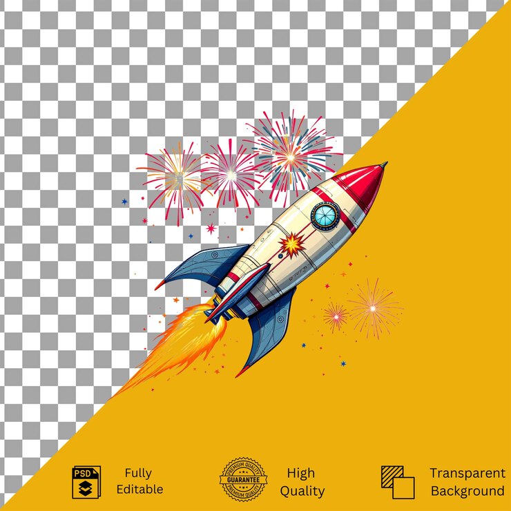 PSD cohete de estilo vintage con fuegos artificiales coloridos aislados en un fondo transparente