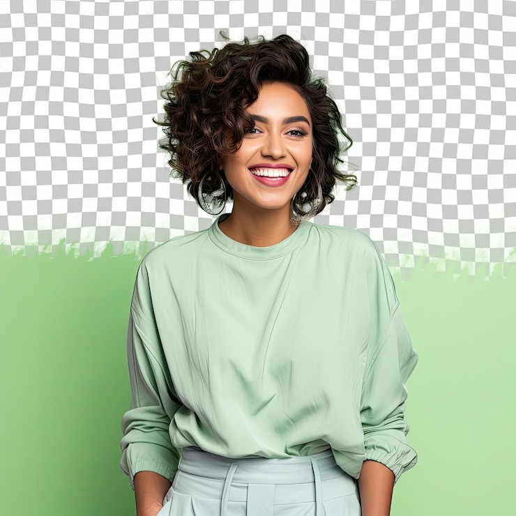 PSD une coiffeuse du moyen-orient aux cheveux pervers respire le style en s'appuyant sur un fond vert doux.