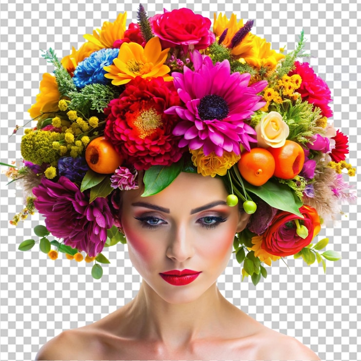 PSD coiffure florale vibrante sur fond transparent