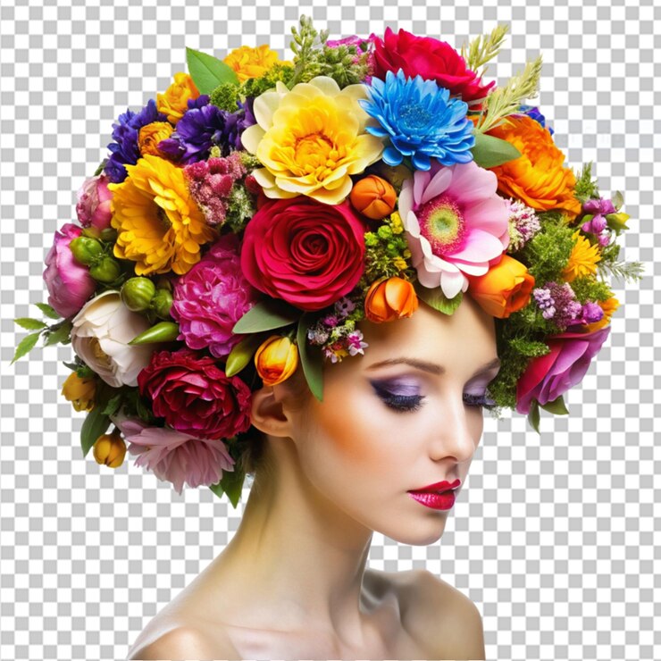 PSD coiffure florale vibrante sur fond transparent