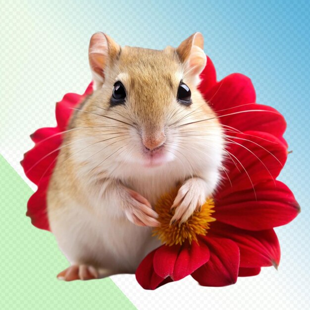 la cola gorda del gérbil se arrastra sobre una flor roja sobre un fondo transparente