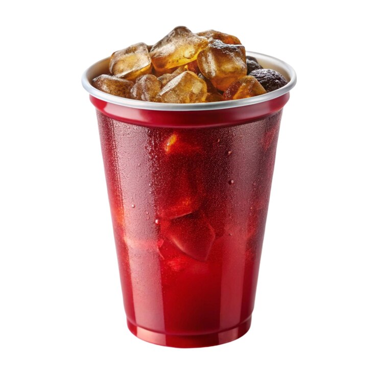 PSD cola con hielo en taza roja para llevar aislada