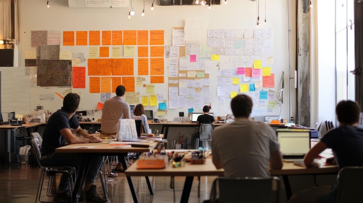 PSD colaboradores colaboram em um escritório moderno fazendo brainstorming de ideias em uma grande parede coberta de notas adesivas