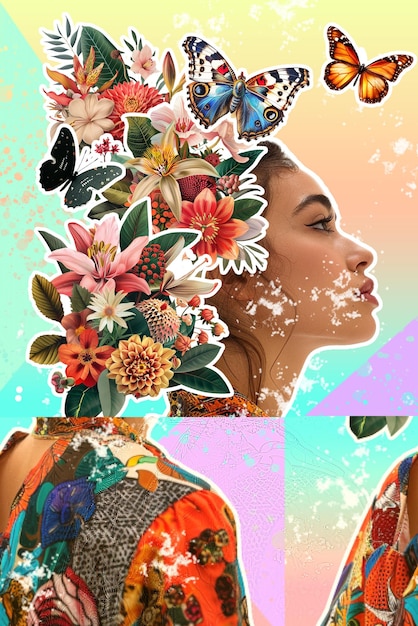 Colagem de mulher sol retro nuvens de montanha folhas tropicais borboletas pássaros mares tropicais