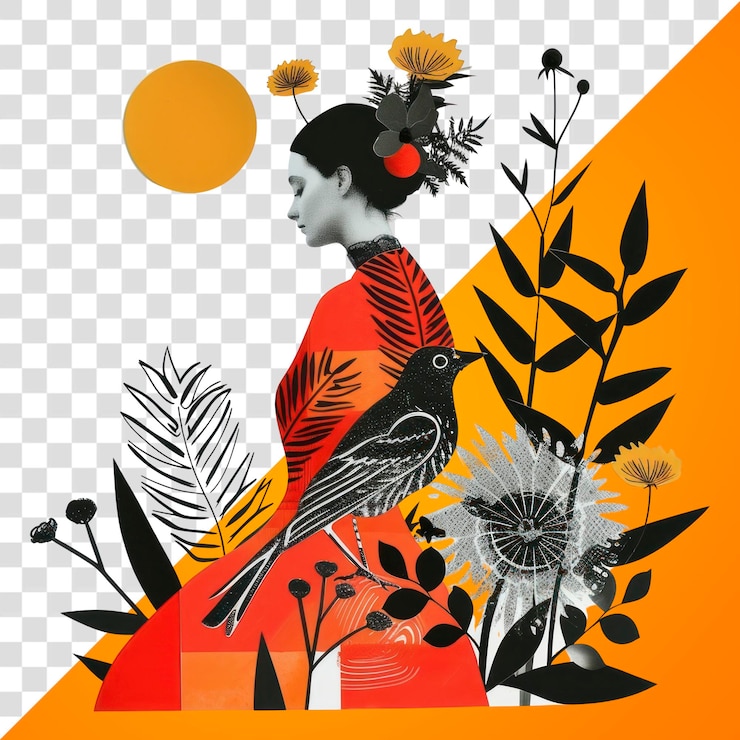 PSD colagem de papel cortado png com uma planta de padrão de arte feminina