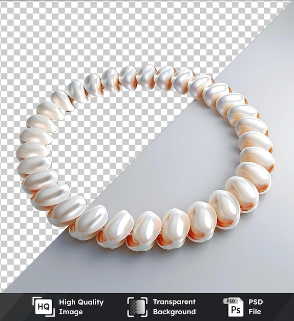PSD colar de conchas de puka premium exibido em um fundo transparente acompanhado por uma bola branca