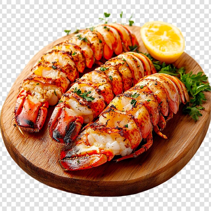 PSD colas de langosta a la parrilla en una tabla de madera deliciosa cena de mariscos