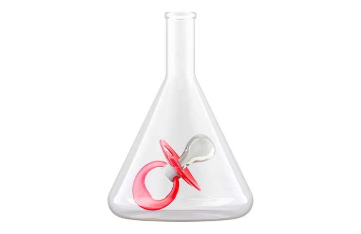 PSD colbo químico con chupete de bebé en el interior investigación de biotecnología rejuvenecimiento inmortalidad o paternidad concepto de prueba de adn representación 3d aislado en fondo transparente